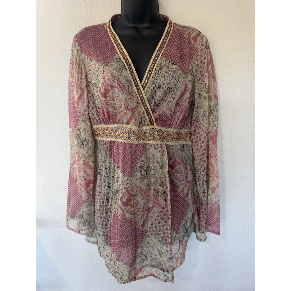 J Jill Boho Sheer Tunic Top Medium Beaded Waist Patchwork Peasant Festival Top